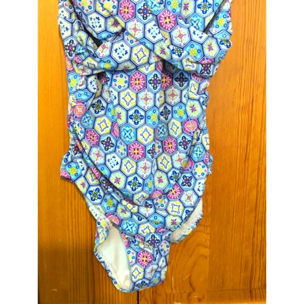 Bal Barbour Womens Swimsuit 14‎ One Piece V Neck, Blue & White Geometric - Picture 3 of 16